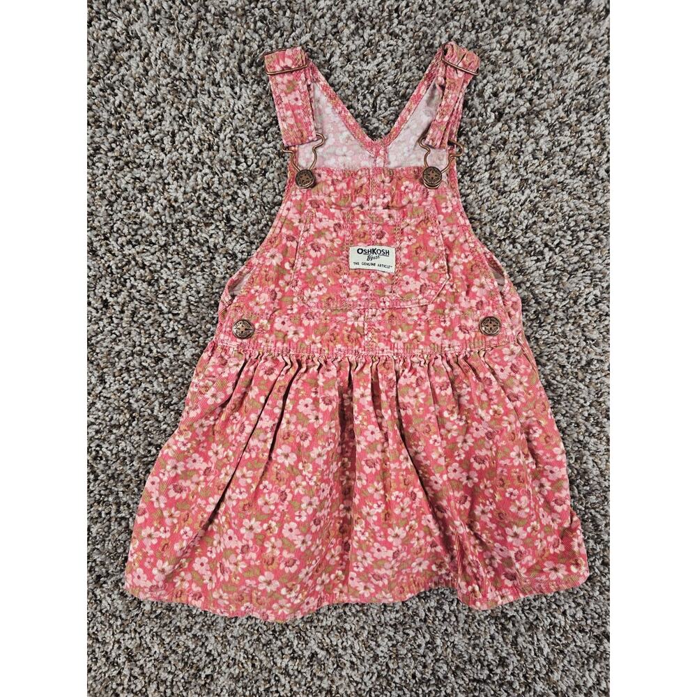 OshKosh B'gosh Pink Floral Overall Dress Toddler Girls Sz 2T Corduroy